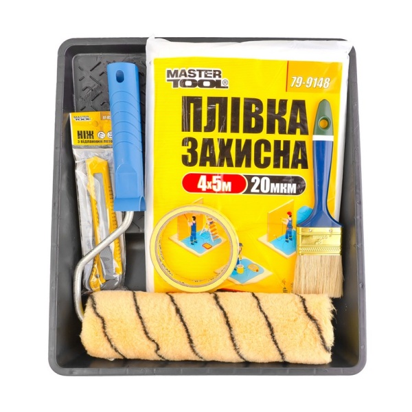 Набір малярський MASTERTOOL №5 валик з ручкою/кисть/ніж/плівка/стрічка малярська/ванна 92-8105
