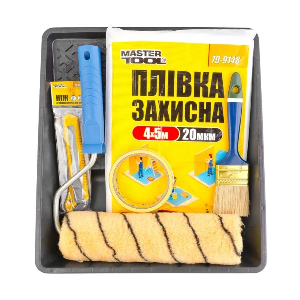 Набір малярський MASTERTOOL №5 валик з ручкою/кисть/ніж/плівка/стрічка малярська/ванна 92-8105