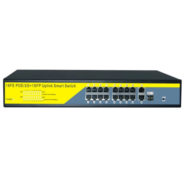 POE комутатор Merlion 16 POE 10/100 + 1 Single Fiber Tx 1310nm 20km + 2 RJ45 10/100/1000 + вбудований блок живлення 52V 4.8A