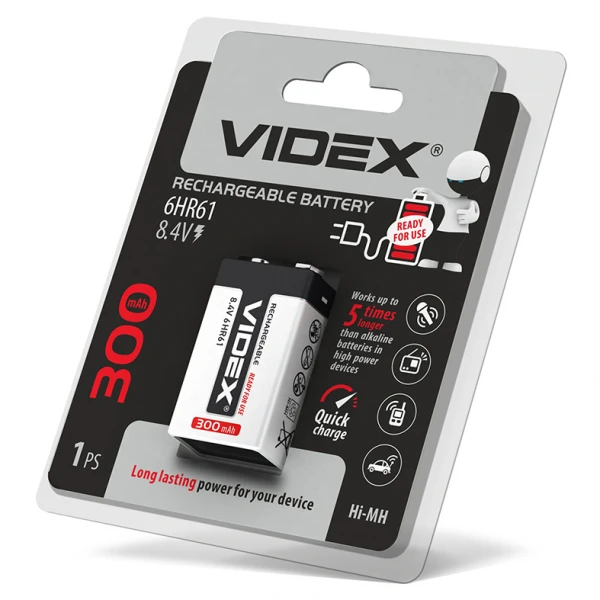 Акумулятори Videx 6HR61 300mAh blister/1pc 12/96 (6HR61/300/1DB)