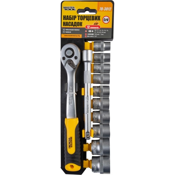 Набір торцевих насадок MASTERTOOL CrV 3/8" 10-24 мм підовжувач 150 мм тріскачка 72Т 12 шт 78-3812