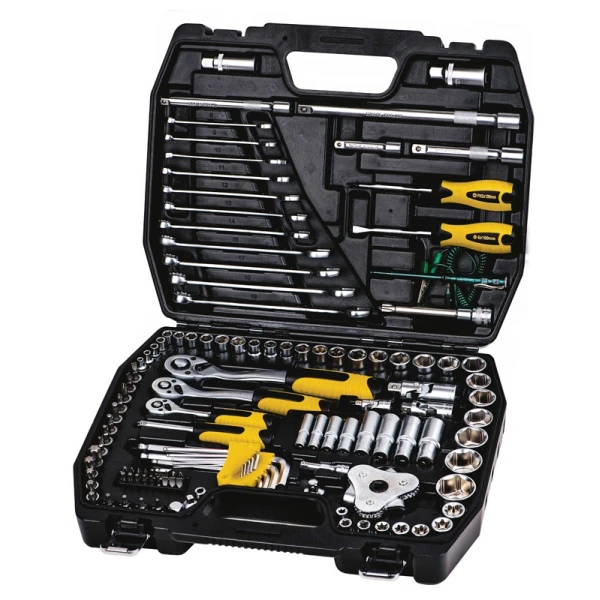 Набір ключів і торцевих насадок MASTERTOOL PROFI 1/4"-3/8"-1/2" тріскачка 72Т 121 шт кейс 78-5121