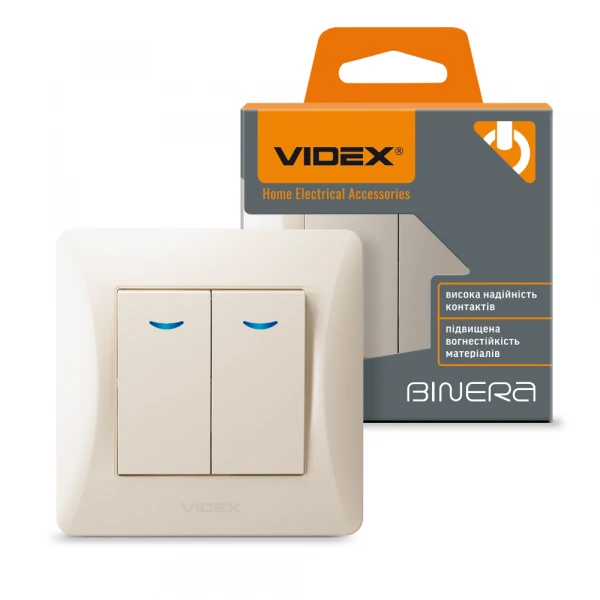 VIDEX BINERA Вимикач 2кл з підсвічуванням кремовий (VF-BNSW2L-CR) (20/120)