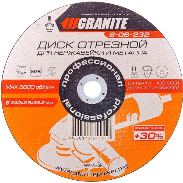 Диск абразивний відрізний для нержавіючої сталі та металу GRANITE PROFI +30 230х2.5х22.2 мм 8-06-232