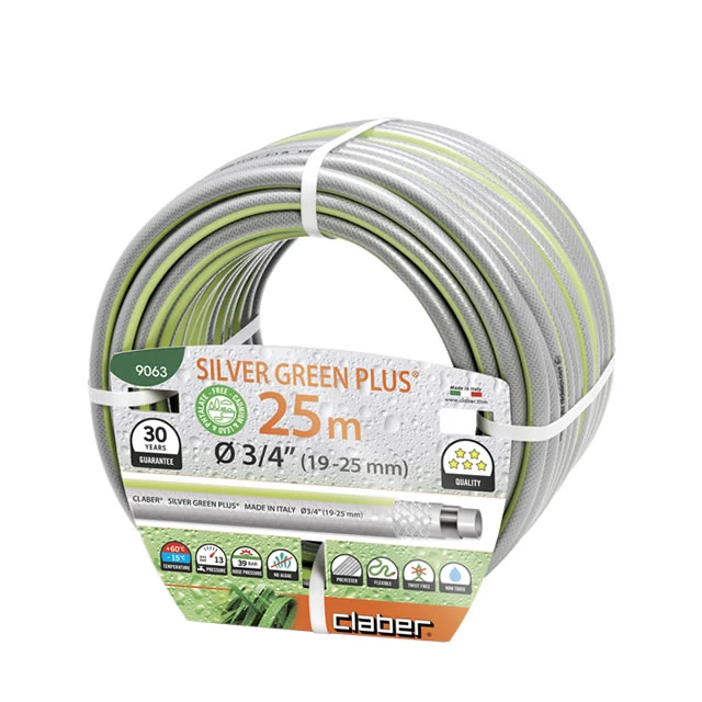 91058-53800-9063.jpg Claber Шланг поливальний 3/4" 25м Silver Green Plus, сірий з салатовою смугою - Зображення 1