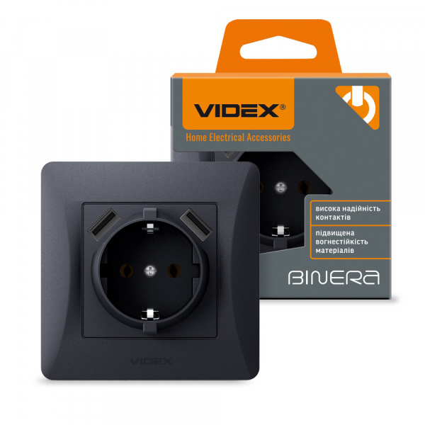 VIDEX BINERA Розетка 1а із заземленням та 2USB чорний графіт (VF-BNSK1GU2-BG) (20/120)