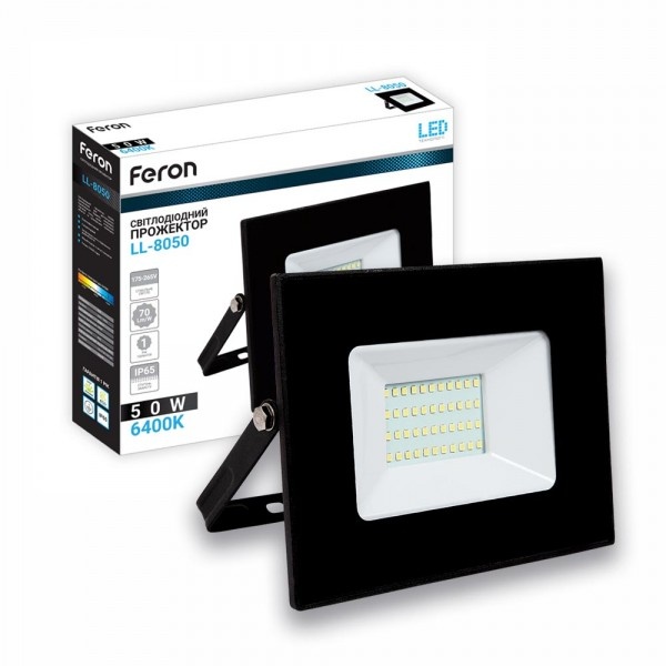 Світлодіодний прожектор Feron LL-8050 50W 3500Lm 6400K 230V 173*150*31mm) Чорний IP 65 (6855)