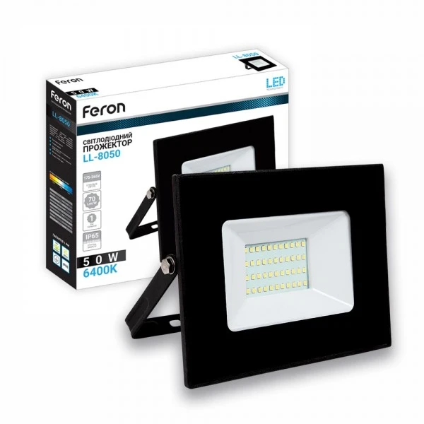 Світлодіодний прожектор Feron LL-8050 50W 3500Lm 6400K 230V 173*150*31mm) Чорний IP 65 (6855)