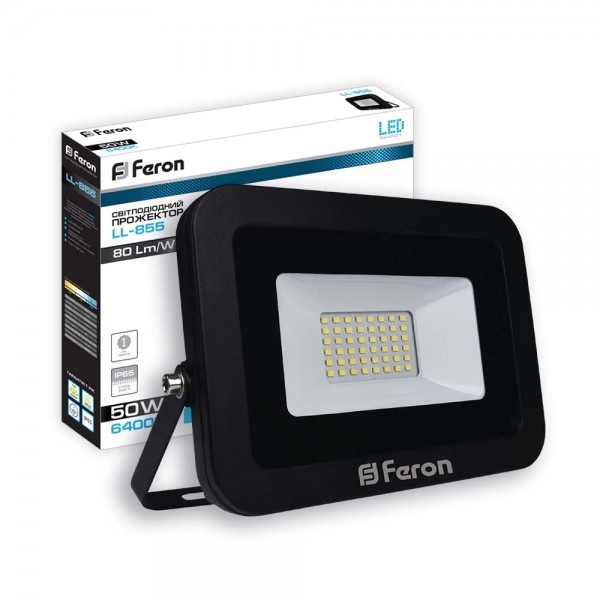 Світлодіодний прожектор Feron LL-855 50W 6400K 230V (215*185*30mm) Чорний IP 65 (5513)