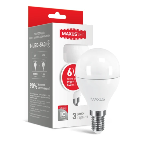 Світлодіодна лампа LED G45 F 6W 3000K 220V E14 MAXUS (1-LED-543)