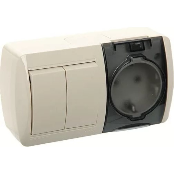 710-0300-171 NATA Вимикач 2-х кл. та розетка з/з, з кришкою, крем, горизонталь (10шт/120шт)