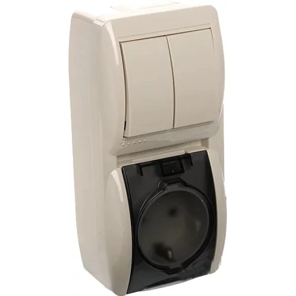 710-0300-173 NATA Вимикач 2-х кл. та розетка з/з, з кришкою, крем, вертикаль (10шт/120шт)