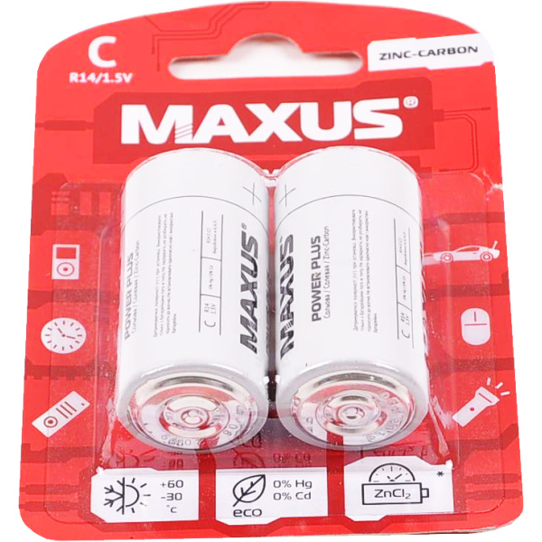Елемент живлення сольовий, 1,5В, тип С, R14-C-C2, 2 шт./блістер, ТМ MAXUS