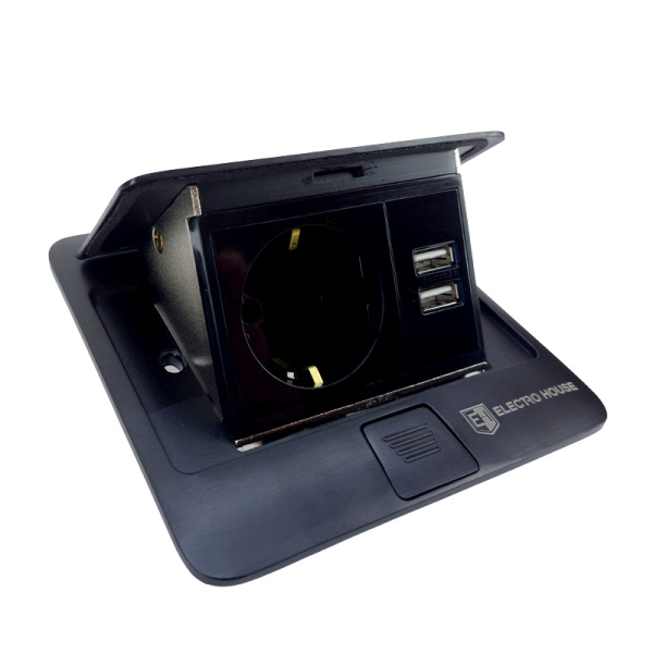 Розетка для підлоги врізна  Чорний 16 А  + 2 USB 2,1 А IP44
