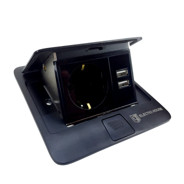 Розетка для підлоги врізна  Чорний 16 А  + 2 USB 2,1 А IP44