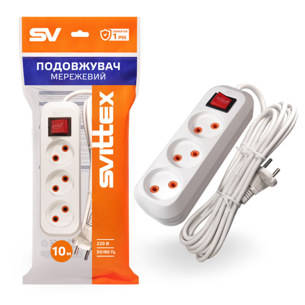 Подовжувач 10 м на 3 розетки з вимикачем 2200Вт 220В 10А SVITTEX