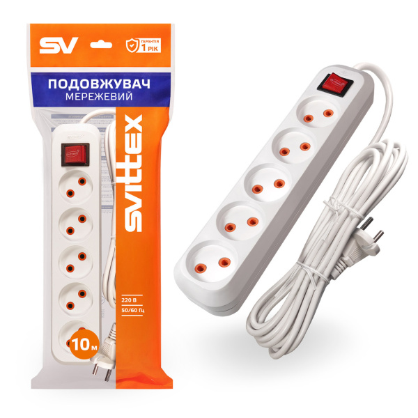 Подовжувач 10 м на 5 розеток з вимикачем 2200Вт 220В 10А SVITTEX