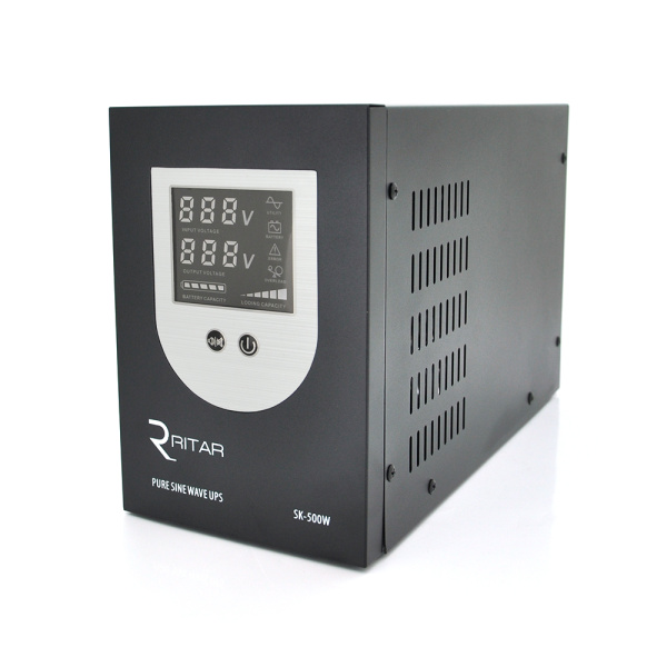 ДБЖ з правильною синусоїдою Ritar SK-800VA (500W), DC:145-275V, LCD-дисплей, 2Shuko socket, 12V,  під зовнішню батарею, струм заряду 10/15А, Q2