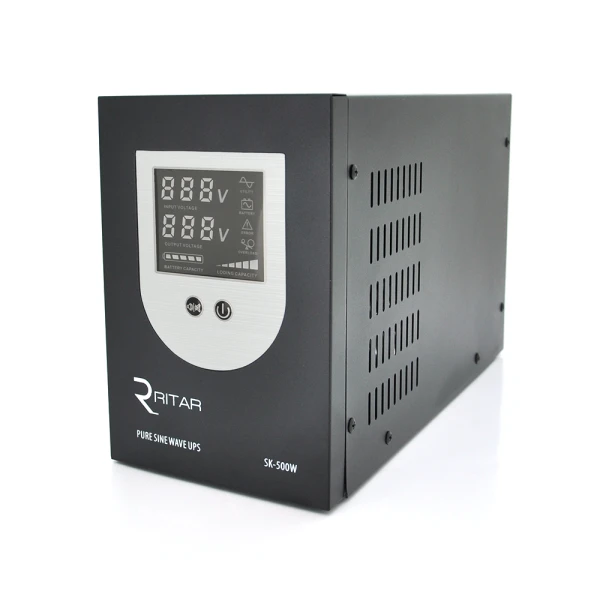 ДБЖ з правильною синусоїдою Ritar SK-800VA (500W), DC:145-275V, LCD-дисплей, 2Shuko socket, 12V,  під зовнішню батарею, струм заряду 10/15А, Q2