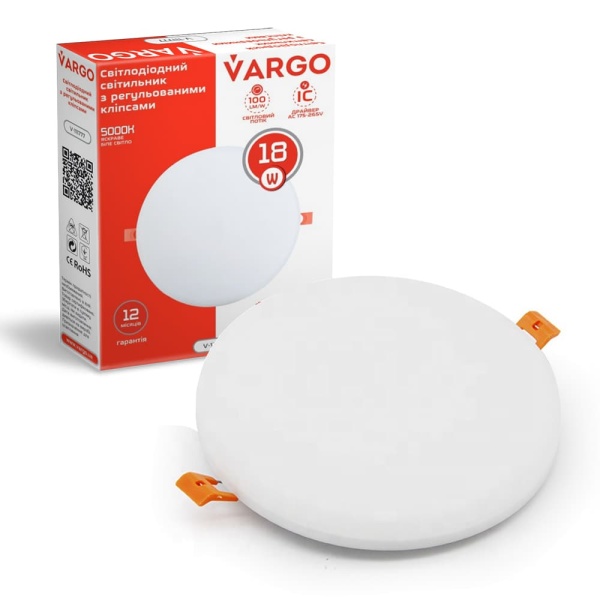 Свiтлодiодний свiтильник VARGO коло 18W 5000K 1800lm 175-265V з регульованими кліпсами розмір отв. 50-105mm, розмір 120mm (V-111777)