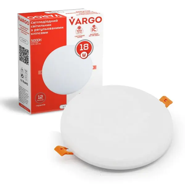 Свiтлодiодний свiтильник VARGO коло 18W 5000K 1800lm 175-265V з регульованими кліпсами розмір отв. 50-105mm, розмір 120mm (V-111777)