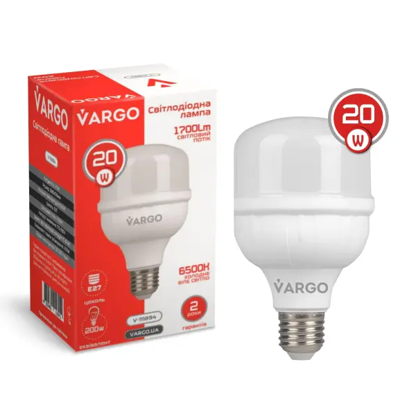 LED лампа VARGO 20W E27 6500K 80*136мм 220V (V-111894)