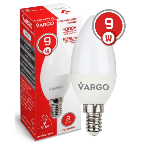 LED лампа VARGO C37 9W E14 855lm 4000K (V-111142)