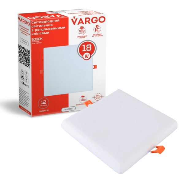Свiтлодiодний свiтильник VARGO квадрат 18W 5000K 1800lm 175-265V з регульованими кліпсами розмір отв. 50-105mm, розмір 120*120mm (V-111781)