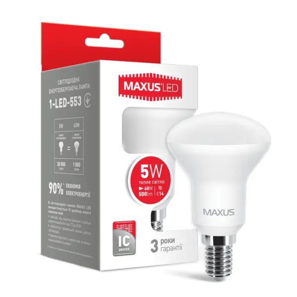 Світлодіодна лампа LED R50 5W 3000K 220V E14 MAXUS (1-LED-553)
