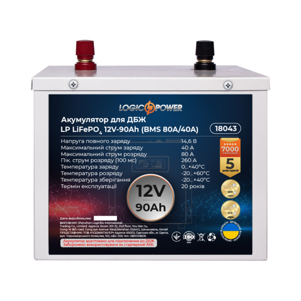 Акумулятор LP LiFePO4 для ДБЖ 12V (12,8V) - 90 Ah (1152Wh) (BMS 80A/40A) металл
