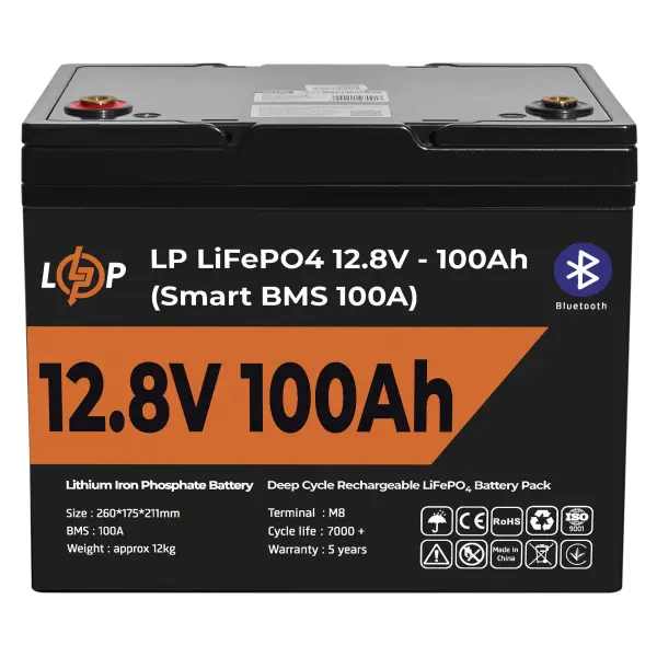 Акумулятор LP LiFePO4 12V (12,8V) - 100 Ah (1280Wh) (Smart BMS 100А) з BT пластик для ДБЖ