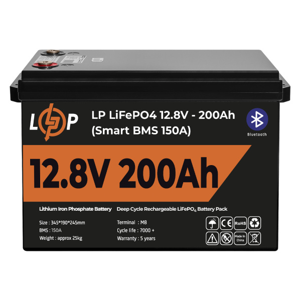 Акумулятор LP LiFePO4 12V (12,8V) - 200 Ah (2560Wh) (Smart BMS 100А) з BT пластик для ДБЖ