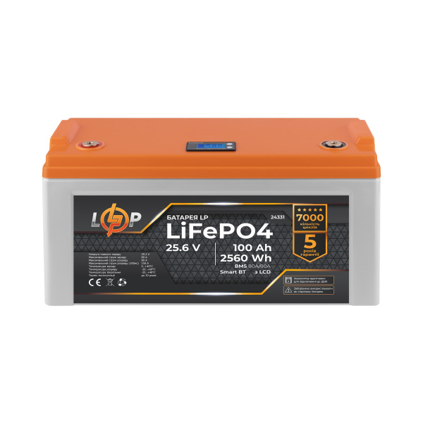 Акумулятор LP LiFePO4 25,6V - 100 Ah (2560Wh) (BMS 80A/80А) пластик LCD Smart BT