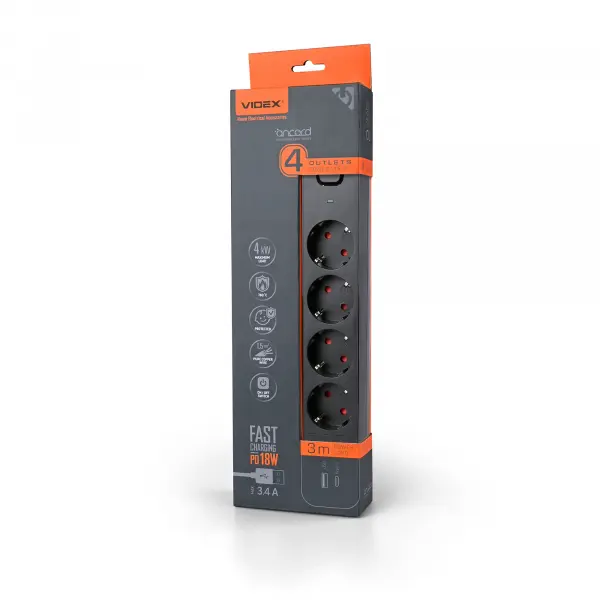 Мережевий подовжувач VIDEX ONCORD з/з 4п 3м (3x1.5мм) 3.4А USB(QC3.0) +USB-C(PD18W) з кнопкою Black