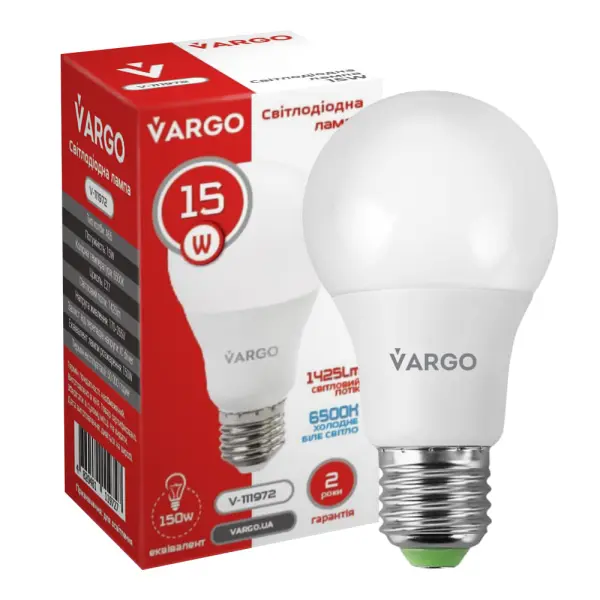 LED лампа VARGO A65 15W E27 1425lm 6000K (V-111972)