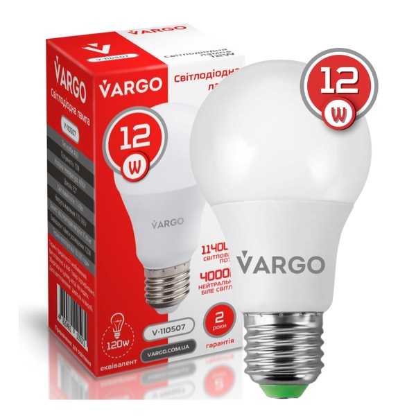 LED лампа VARGO A60 12W E27 1140lm 4000K (V-110507)