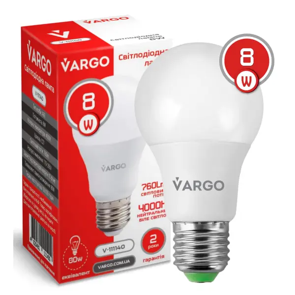 LED лампа VARGO A60 8W E27 4000K 760lm (V-111140)