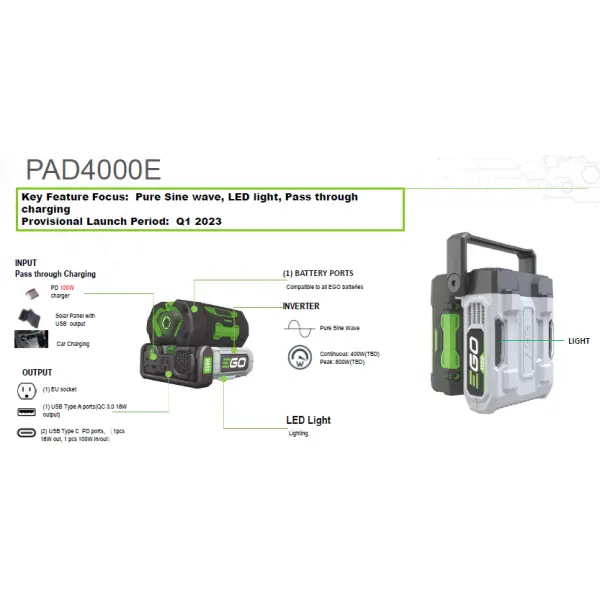 EGO Інвертор PAD5000E, 56В-220В, 400Вт, LED-ліхтар, 3 USB порта