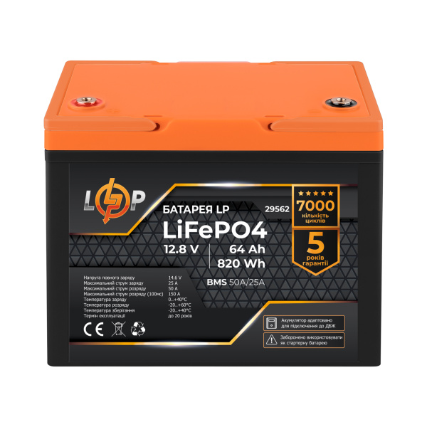 Акумулятор LP LiFePO4 12,8V - 64 Ah (820Wh) (BMS 50A/25А) пластик для ДБЖ