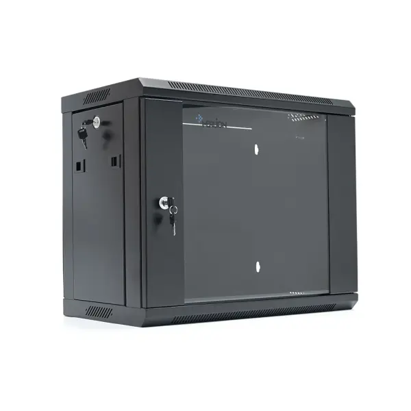Шафа Merlion 9U, 600*350*500 (Ш*Г*В) мм загартоване скло, чорна, сталь 1,2мм, із замком (у розібраному вигляді!!!), Black
