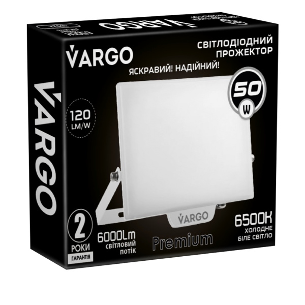 LED Прожектор VARGO Premium 50W, 6000lm, 120lm/w, IC Driver, 2 роки гарантія, білий (118922)