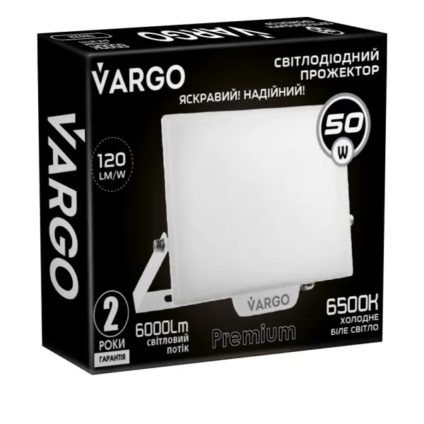 LED Прожектор VARGO Premium 50W, 6000lm, 120lm/w, IC Driver, 2 роки гарантія, білий (118922)