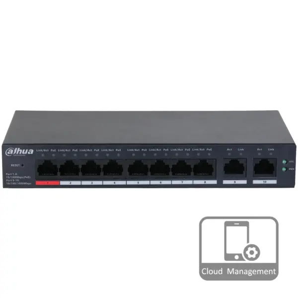 8-портовий керований PoE комутатор DH-CS4010-8ET-110 з 8 портами POE 100Мбіт + 2 порти UP-Link 1000Мбіт, 190x106x30 мм