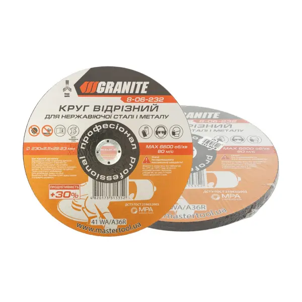 Диск абразивний відрізний для металу та нержавіючої сталі GRANITE PROFI +30 230х2.5х22.2 мм 5 шт 8-06-232PC