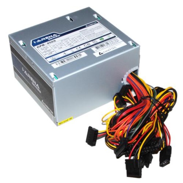 Блок живлення 450 Вт, Chieftec IARENA, Silver, 80+ Standart, Active PFC, 120 мм, 3xMolex / 5xSATA / 1x6+2-pin / 1x4+4-pin / 1x20+4-pin, захист AFC/OPP/OVP/SCP/SIP/UVP, ATX 12V v2.3 (GPB-450S)
