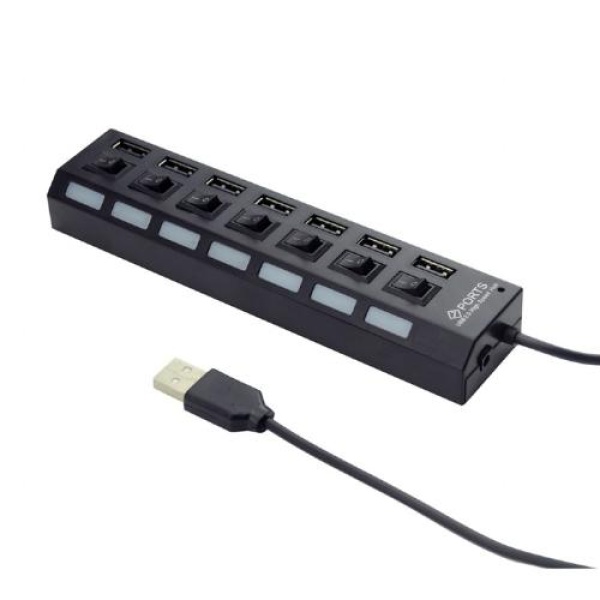 Хаб USB Gembird UHB-U2P7-03, Black, USB 2.0 - 7xUSB 2.0, кабель 55 см, кнопка вимкнення для кожного порту з підсвічуванням, блок живлення