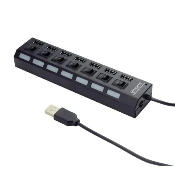 Хаб USB Gembird UHB-U2P7-03, Black, USB 2.0 - 7xUSB 2.0, кабель 55 см, кнопка вимкнення для кожного порту з підсвічуванням, блок живлення