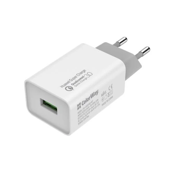 Мережевий зарядний пристрій ColorWay, White, 20 Вт, 1xUSB (QC3.0), Auto ID (CW-CHS014Q-WT)