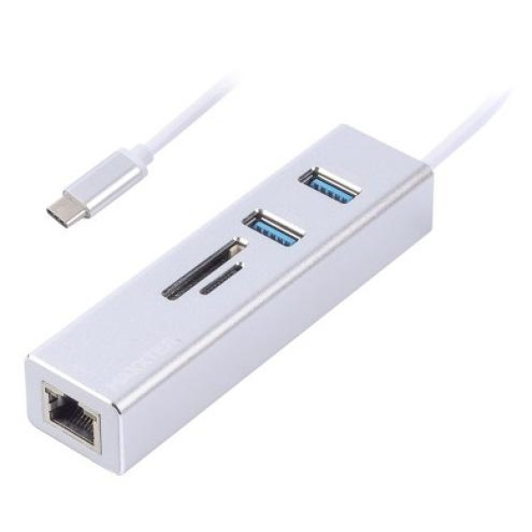 Хаб USB Maxxter NECH-2P-SD-01, Silver, Type-C 3.1 - 2xUSB 3.0 / GLan / microSD / SD, кабель 17 см, алюмінієвий корпус