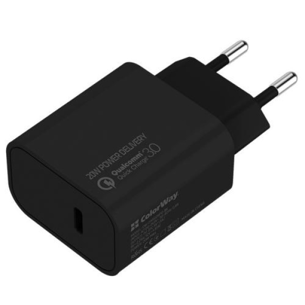 Мережевий зарядний пристрій ColorWay, Black, 1xUSB-C, PD, QC3.0, 3A, 20W (CW-CHS026PD-BK)